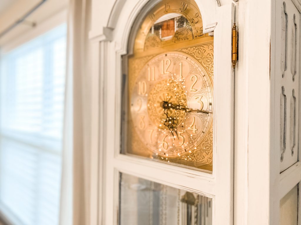 Grandfather Clock makeover with white chalk paint white and gold