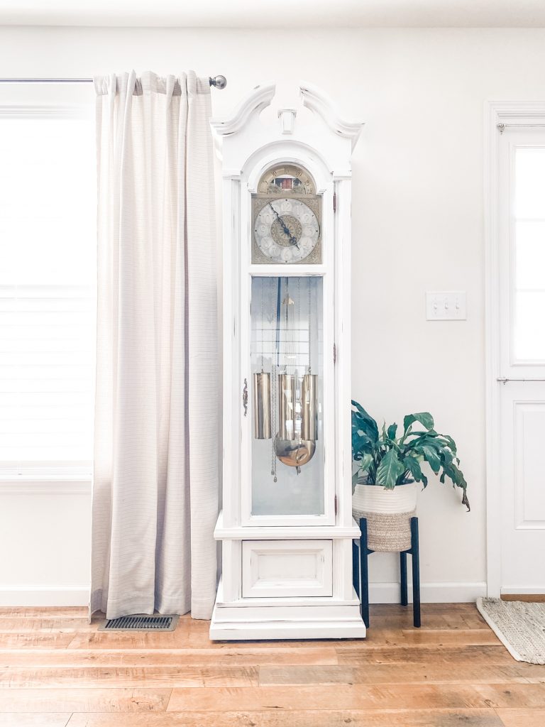 Distressed white grandfather clock makeover with chalk paint full view BloombeautifullyCo