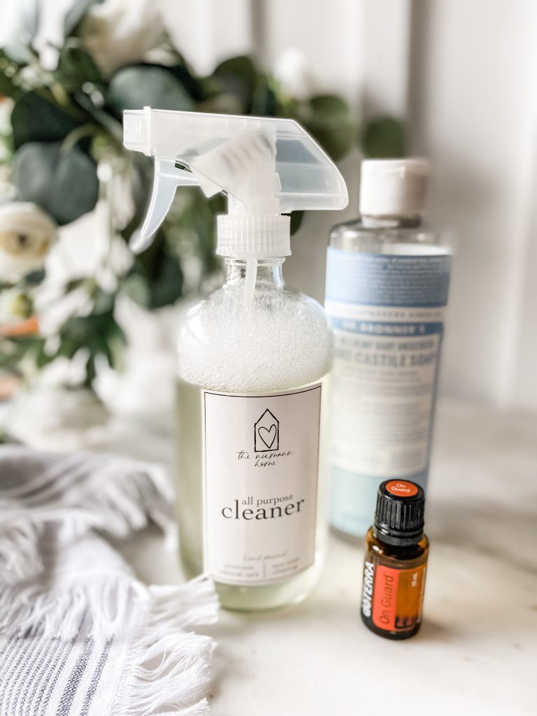 All purpose cleaner glass bottle Castile soap DoTERRA OnGuard essential oil greenery bloombeautifullyco