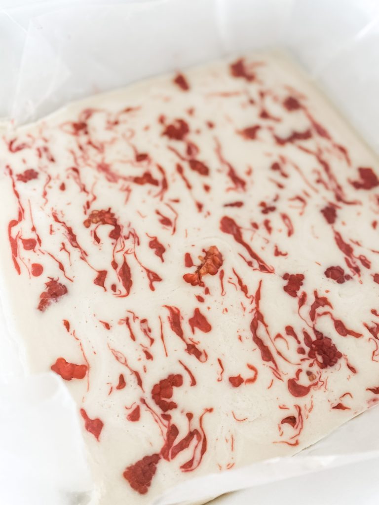 Close up of almond bark with raspberry swirls