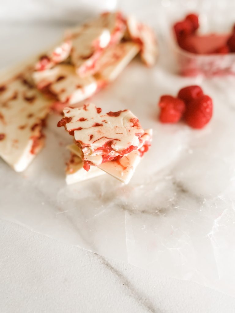 raspberry bark broken up with fresh raspberries