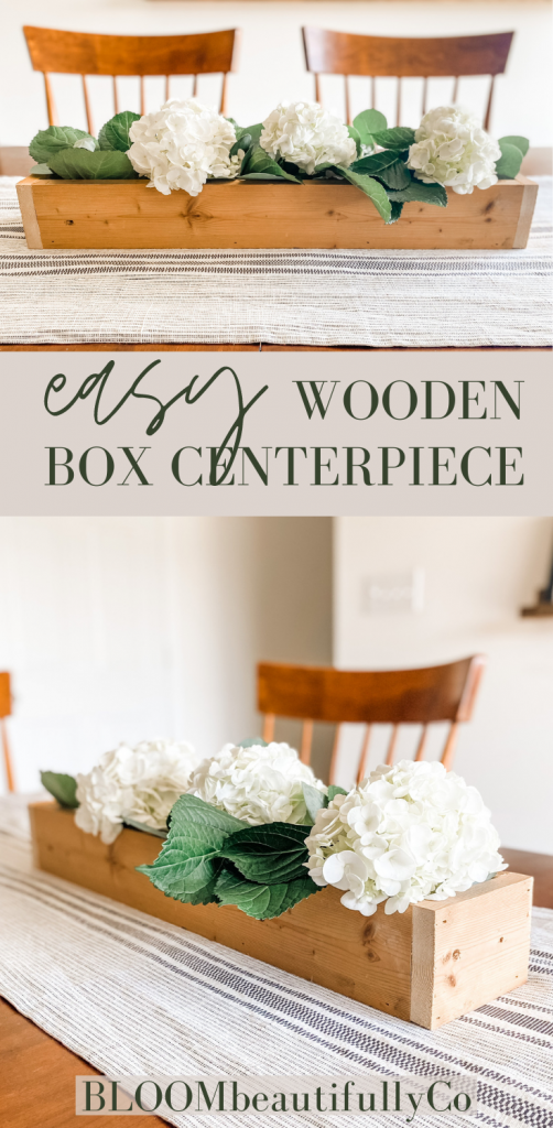 how to make an easy wooden box centerpiece pin with wooden box shown with fresh hydrangeas