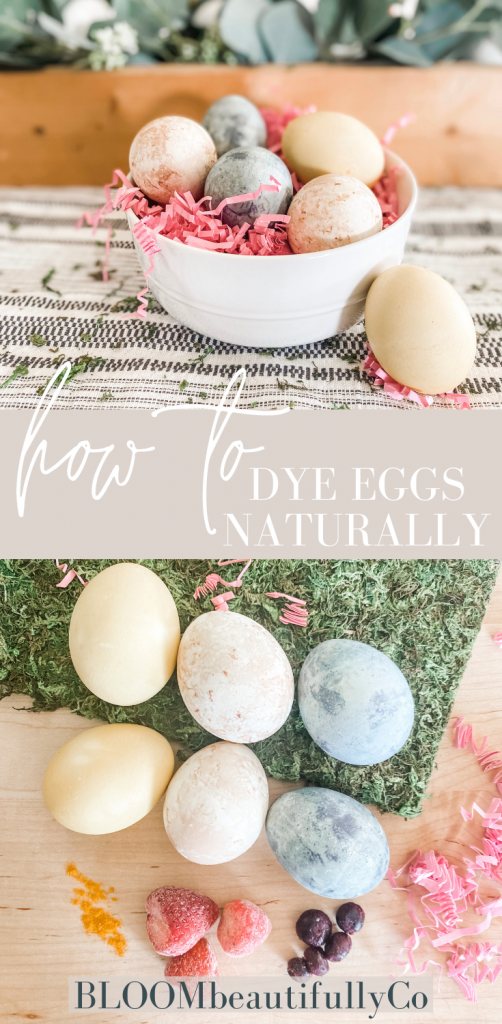how to dye eggs naturally pin shows eggs with turmeric strawberries and blueberries