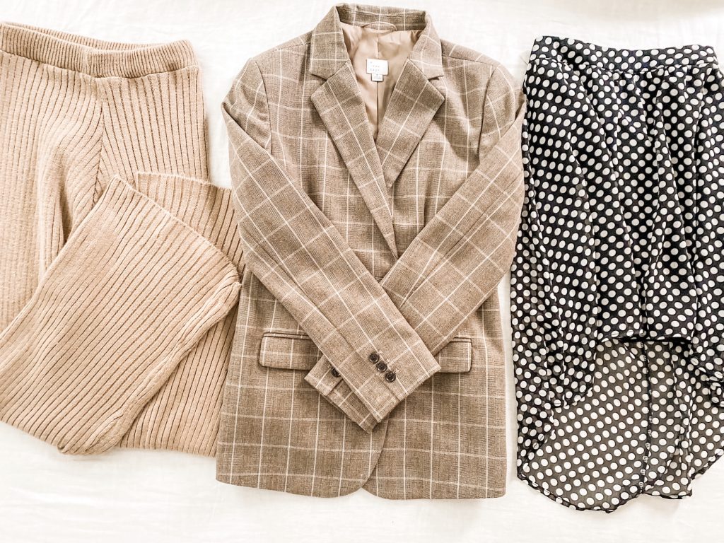 tan sweats tan blazer and black skirt shown to pair with a t-shirt