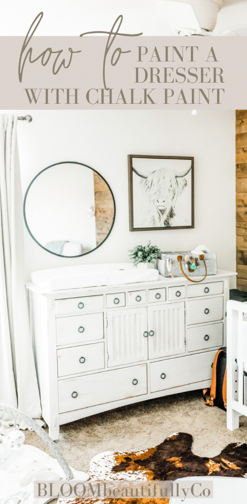 dresser painted with chalk paint in nursery with changing mat and tote on top to show look of a little paint