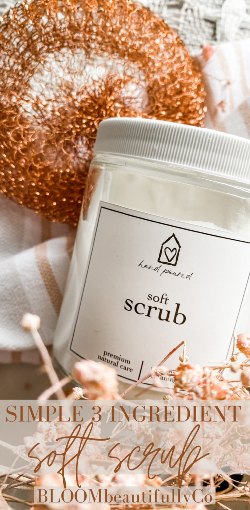 soft scrub jar with copper scrubber and rose florals PIN for Pinterest