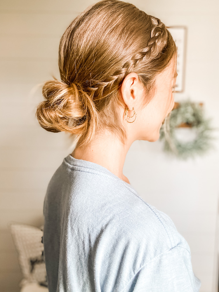 side view showing braid into a messy bun