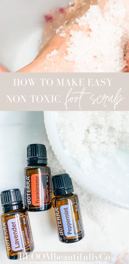 photo of feet in bath with foot scrub on them and another photo below with a white foot scrub in a white bowl with 3 essential oils laying next to it on top of marble