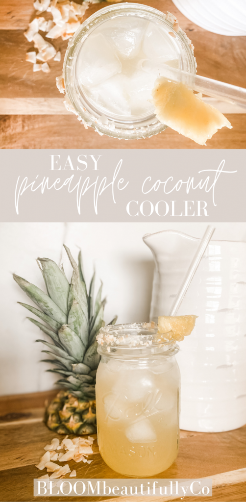 two photos of pineapple coconut drink shows top view and front view with pineapple top and white pitcher on wood cutting board
