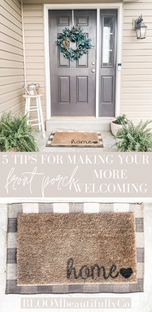 a photo showing a front porch with decor and another photo showing a welcome mat with the word home and a buffalo plaid mat underneath pin for Pinterest