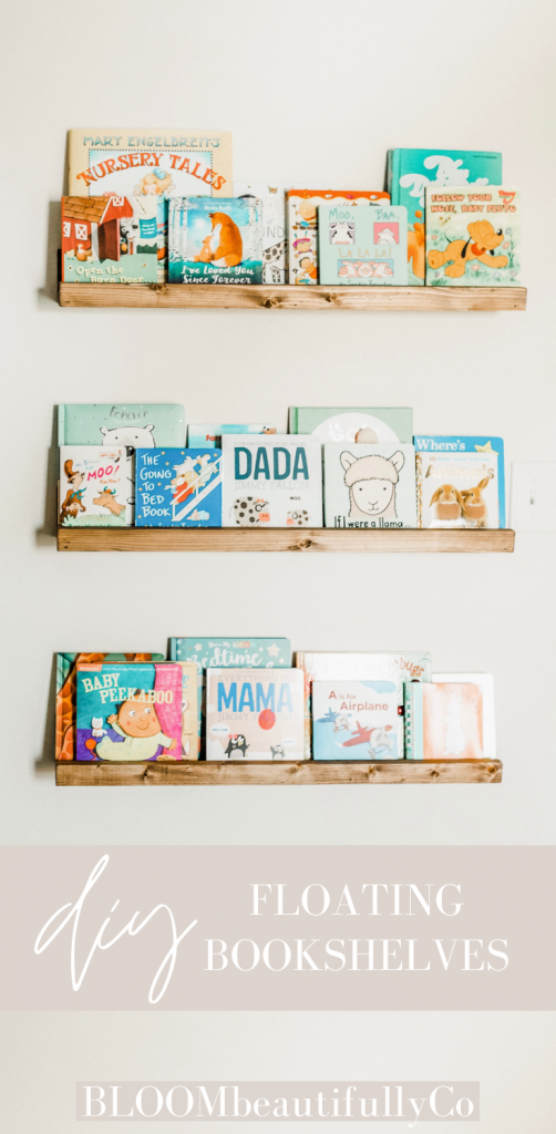 3 floating wood bookshelves with kids books Pin for Pinterest DIY