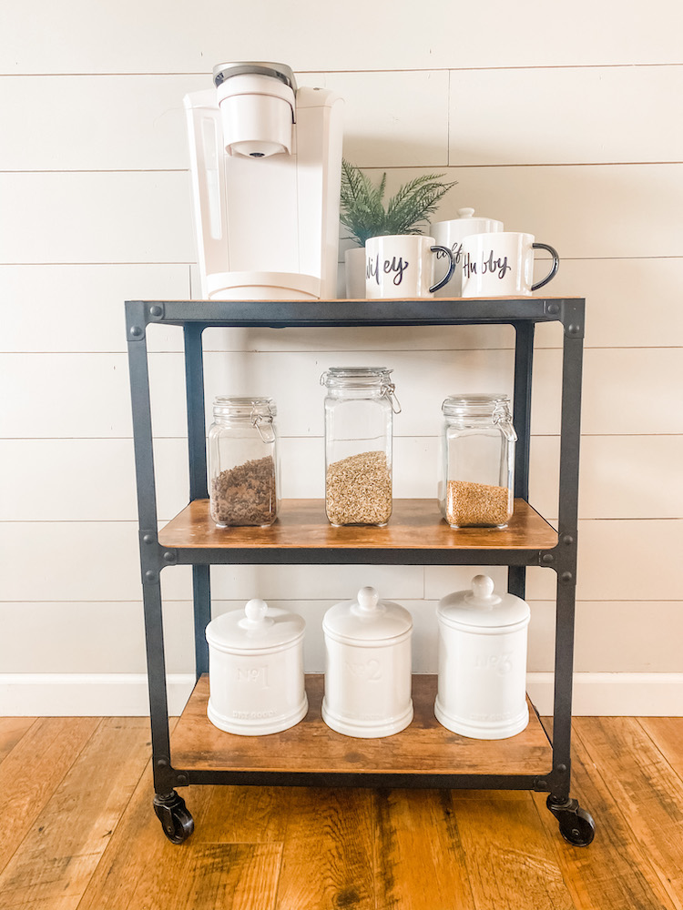 Coffee Cart with white and clear jars with Keurig from the front