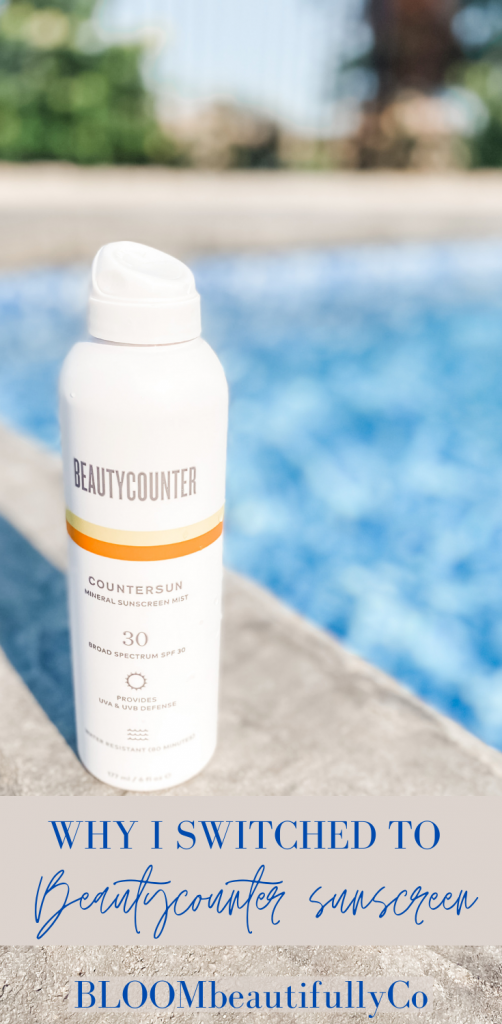 Beautycounter Countersun Non nano zinc oxide mineral sunscreen in front of pool pin for Pinterest bloombeautifullyco
