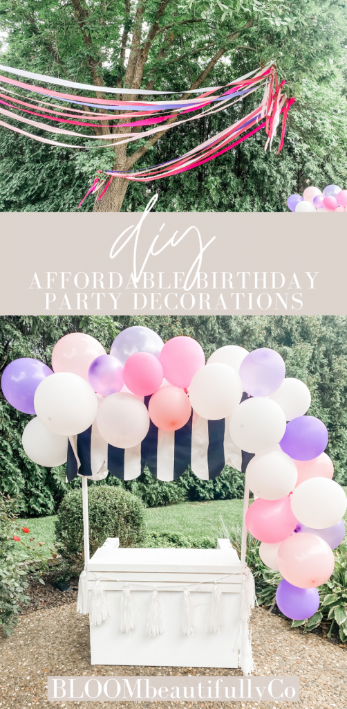 photo of streamers hanging in trees and another photo of a white stand with white and black striped fabric with balloons on top with text Diy Affordable Birthday Party Decorations