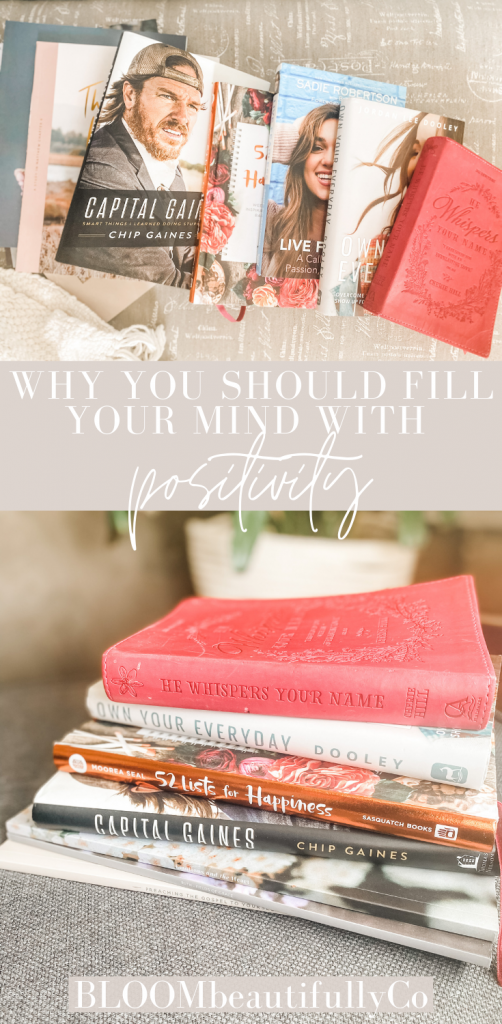 one photo of inspirational books laid in a row and another photo of the same positive books stacked up Pin for Pinterest on filling your mind with positivity