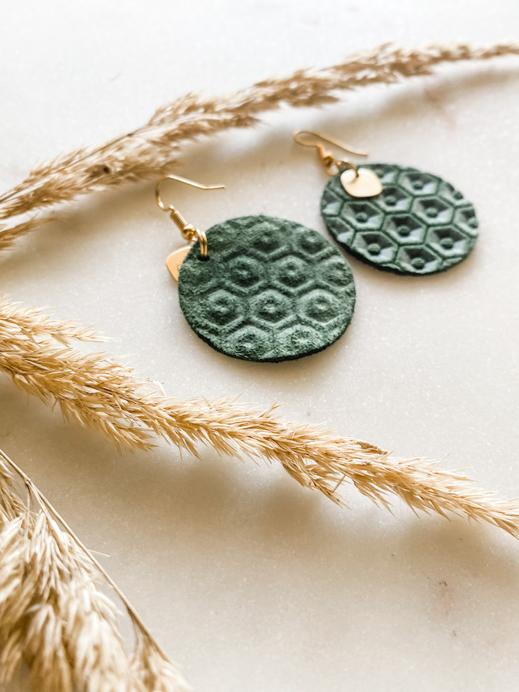 dark green diffuser earrings back and front shown.